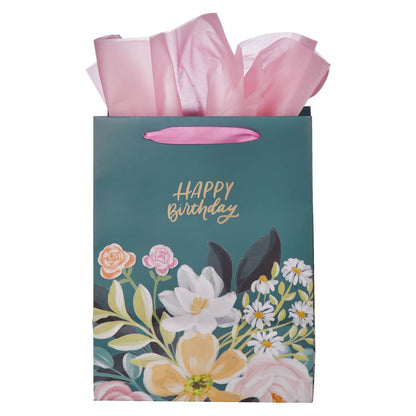 Happy Birthday Teal Floral Large Portrait Gift Bag
