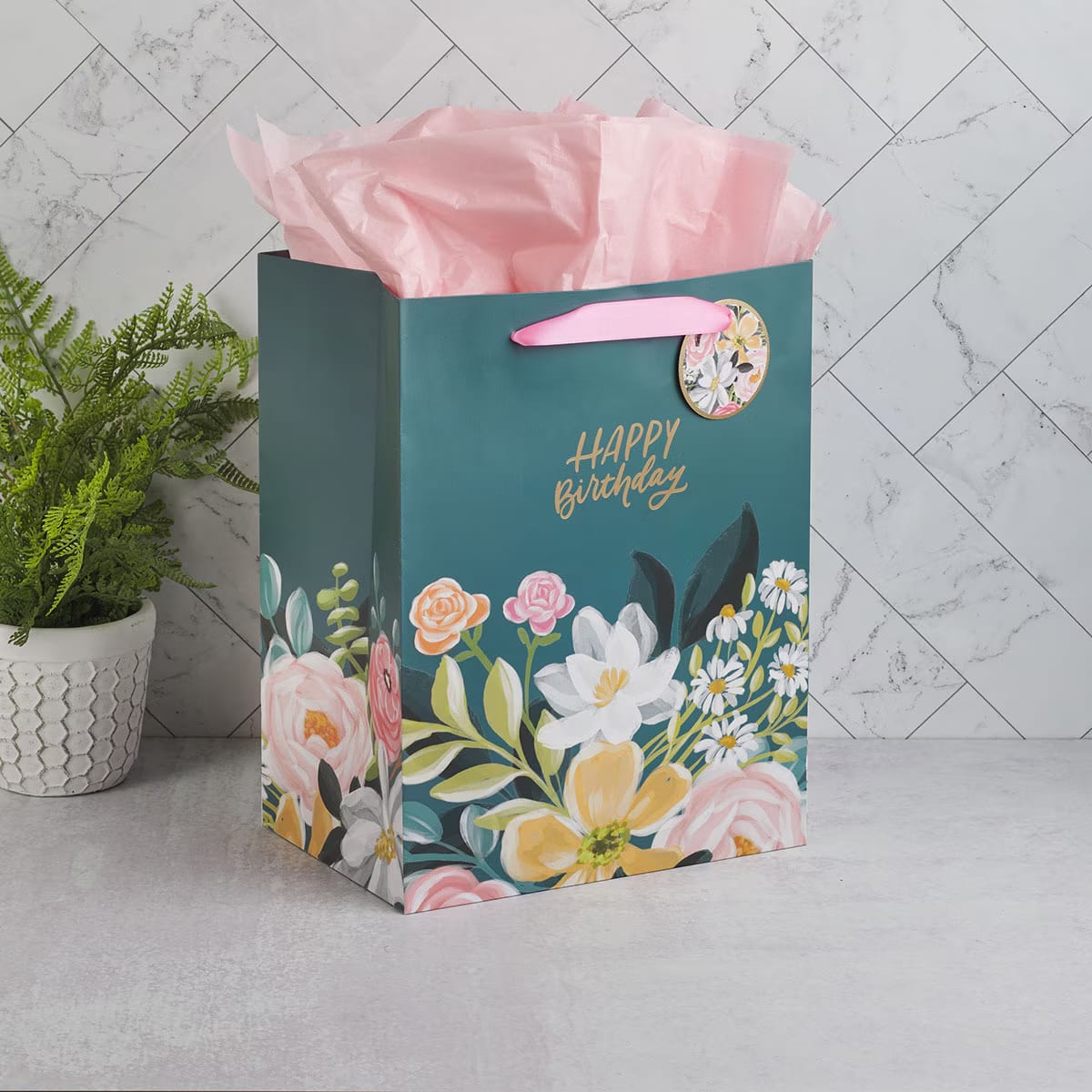 Happy Birthday Teal Floral Large Portrait Gift Bag