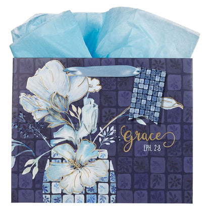 Grace Blue Floral Tile Large Landscape Gift Bag - Ephesians 2:8
