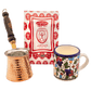 Turkish Coffee Gift set with Armenian floral mug, xs coffee metal coffee pot, and bag of coffee 