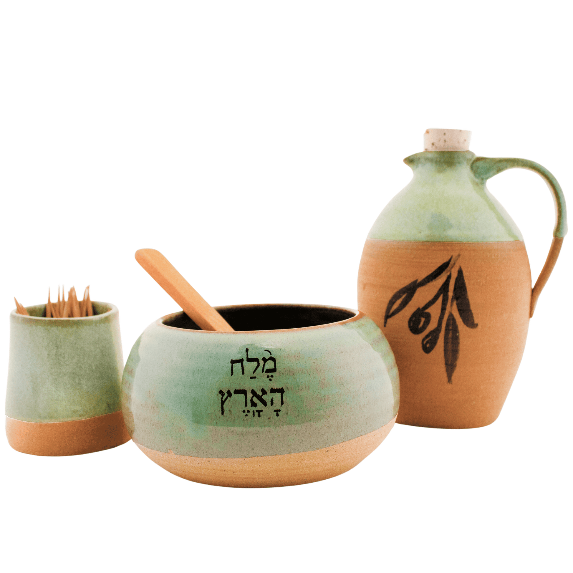 Seafoam green ceramic and clay oil pitcher, toothpick holder, and salt bowl set