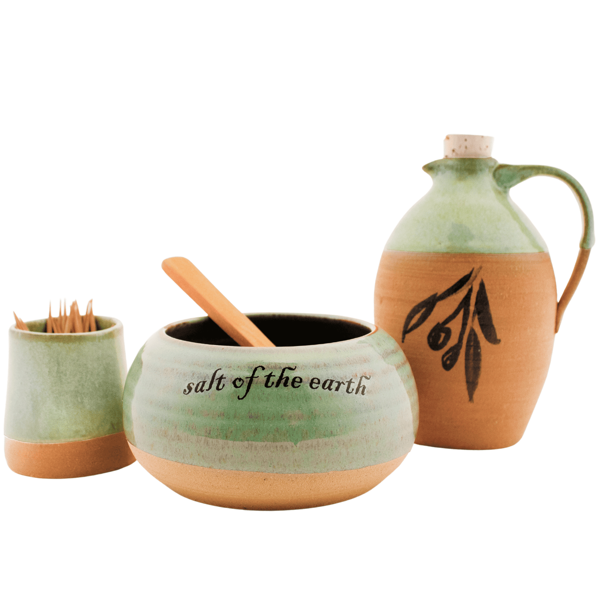 Seafoam green ceramic and clay oil pitcher, toothpick holder, and salt bowl set