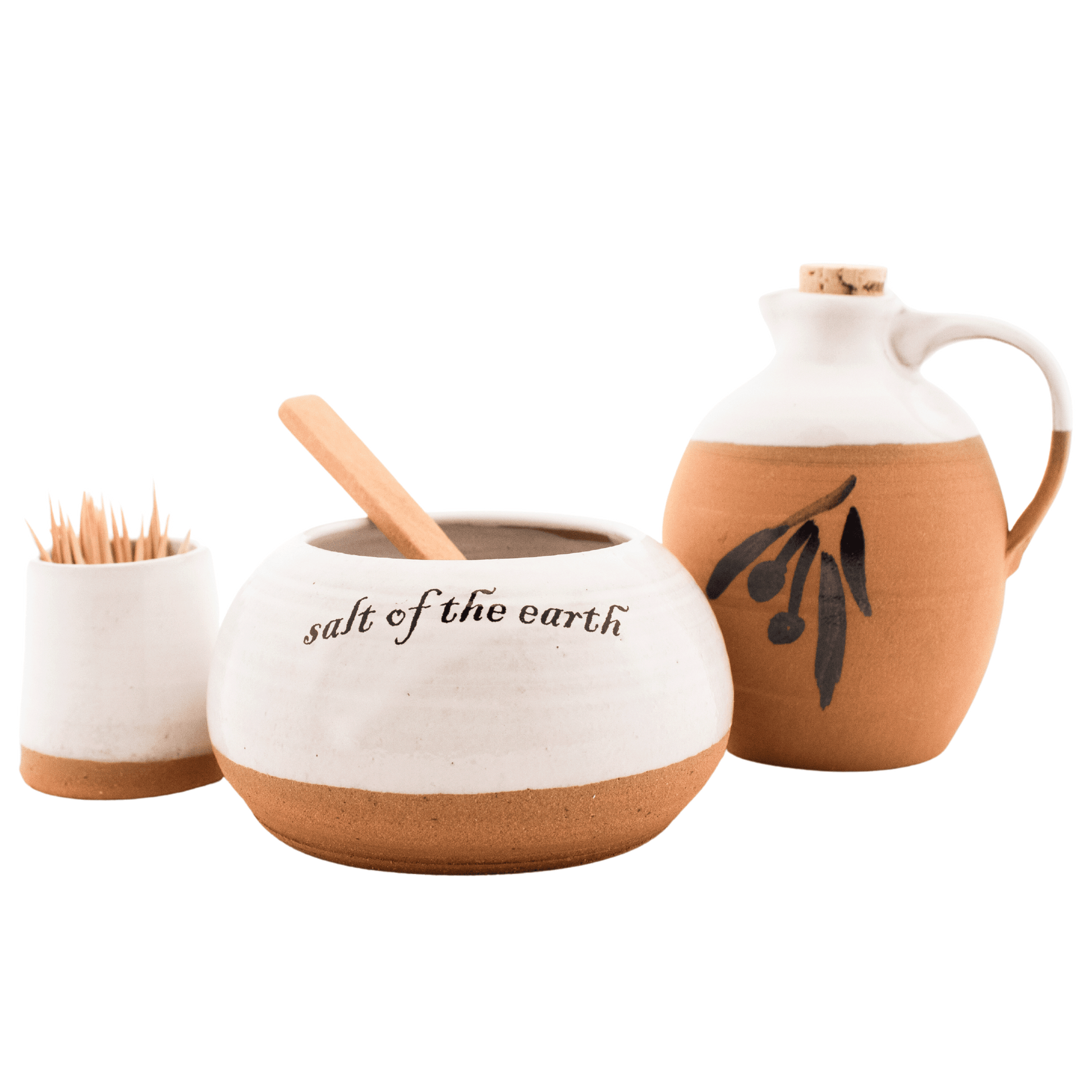 White ceramic and clay oil pitcher, toothpick holder, and salt bowl set