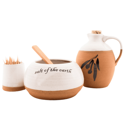 White ceramic and clay oil pitcher, toothpick holder, and salt bowl set