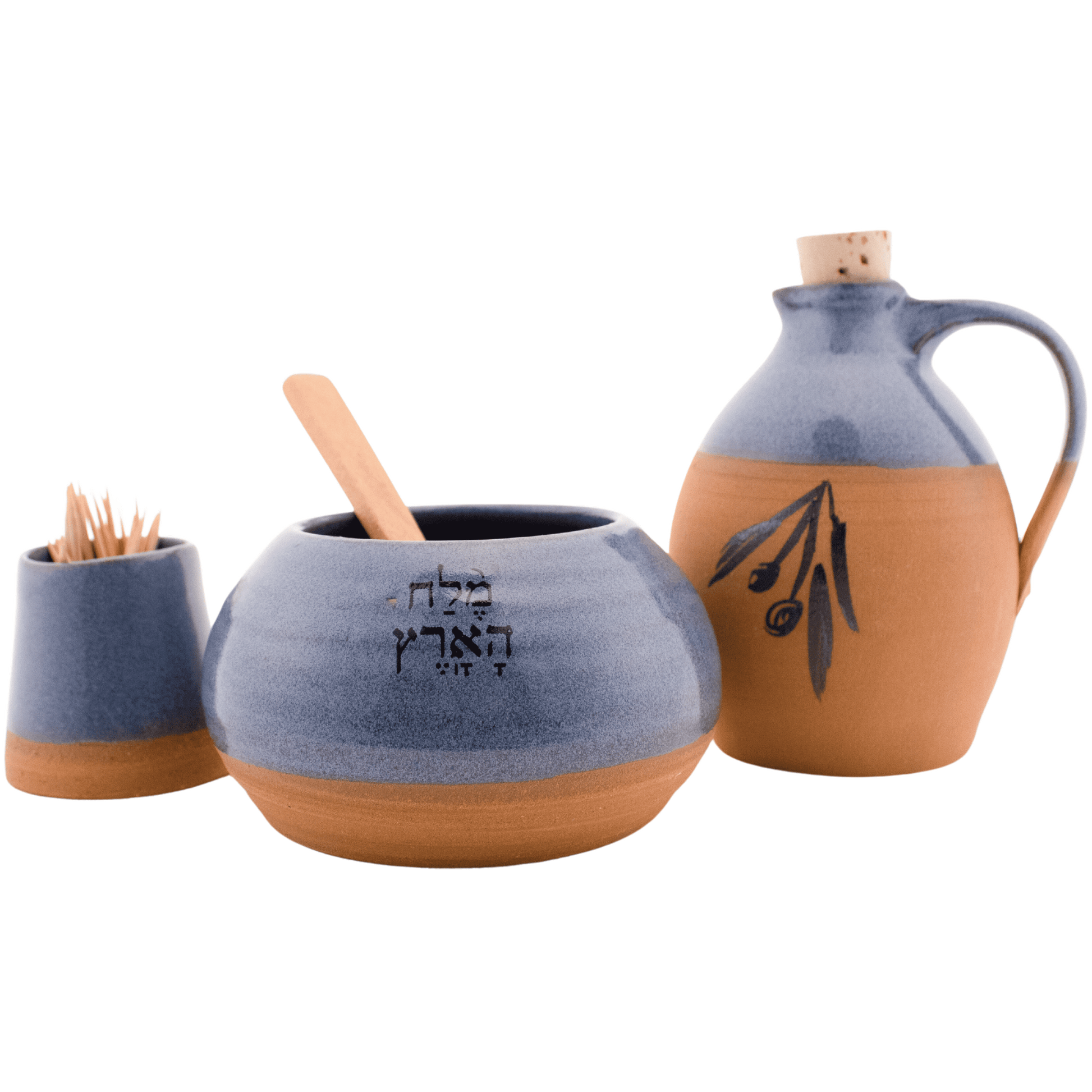 Blue ceramic and clay oil pitcher, toothpick holder, and salt bowl set 