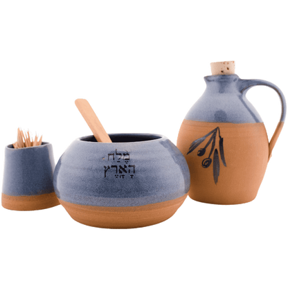 Blue ceramic and clay oil pitcher, toothpick holder, and salt bowl set 