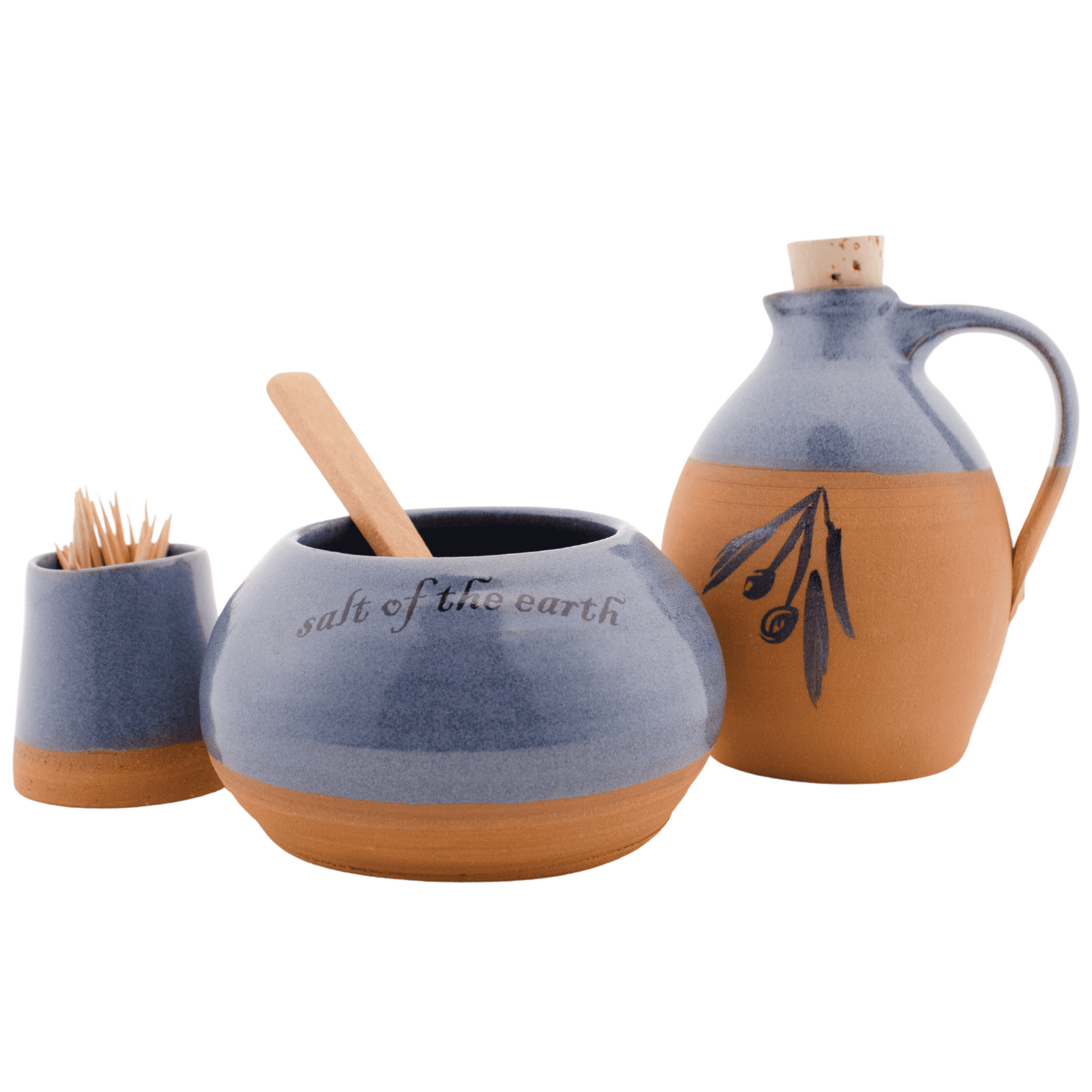 Blue ceramic and clay oil pitcher, toothpick holder, and salt bowl set 