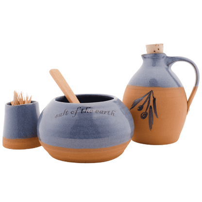 Blue ceramic and clay oil pitcher, toothpick holder, and salt bowl set 