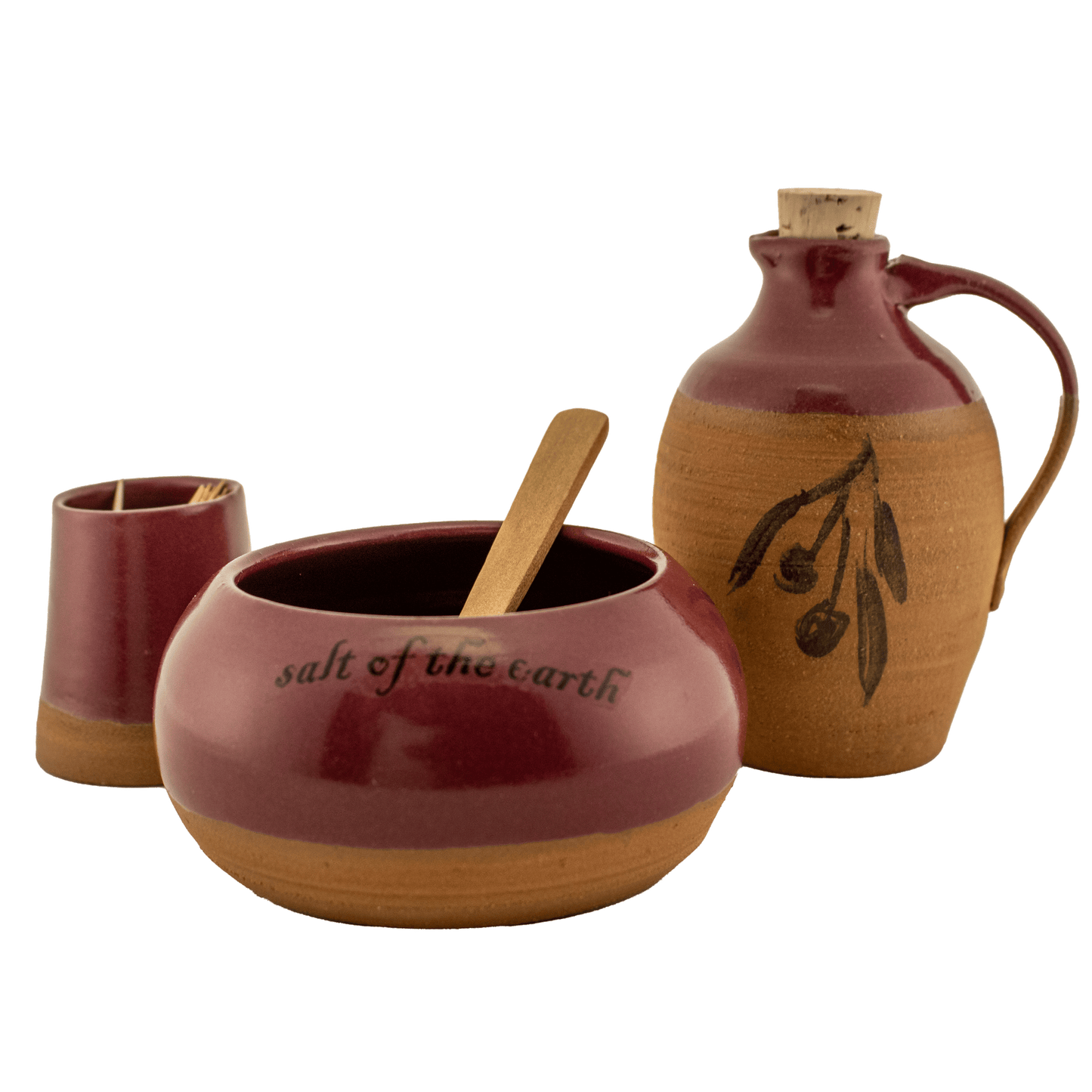 Maroon ceramic and clay oil pitcher, toothpick holder, and salt bowl set