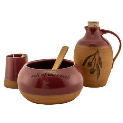 Maroon ceramic and clay oil pitcher, toothpick holder, and salt bowl set