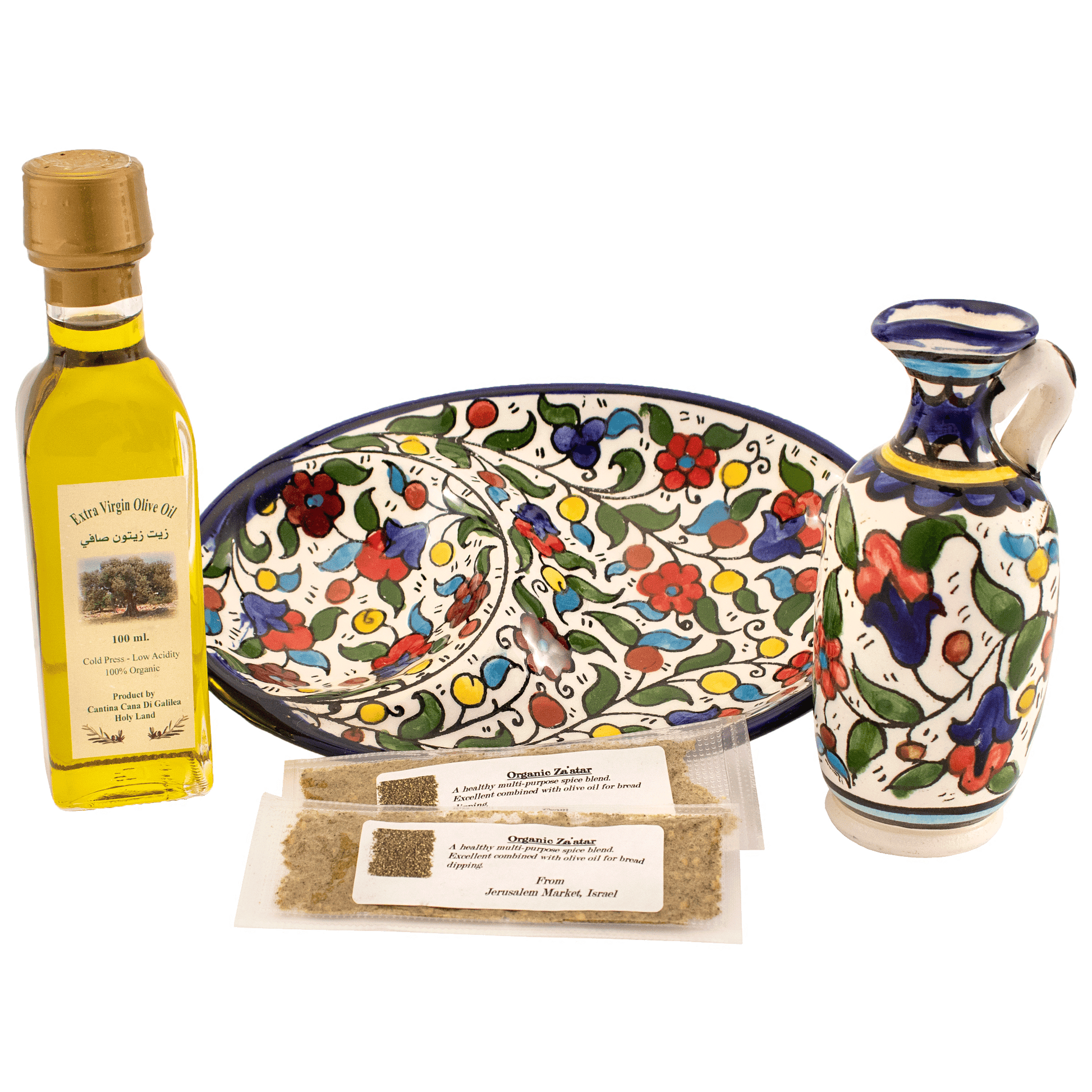 Armenian Dipping dish set with traditional floral designs, olive oil, and 2 sample Za'atar spice packets