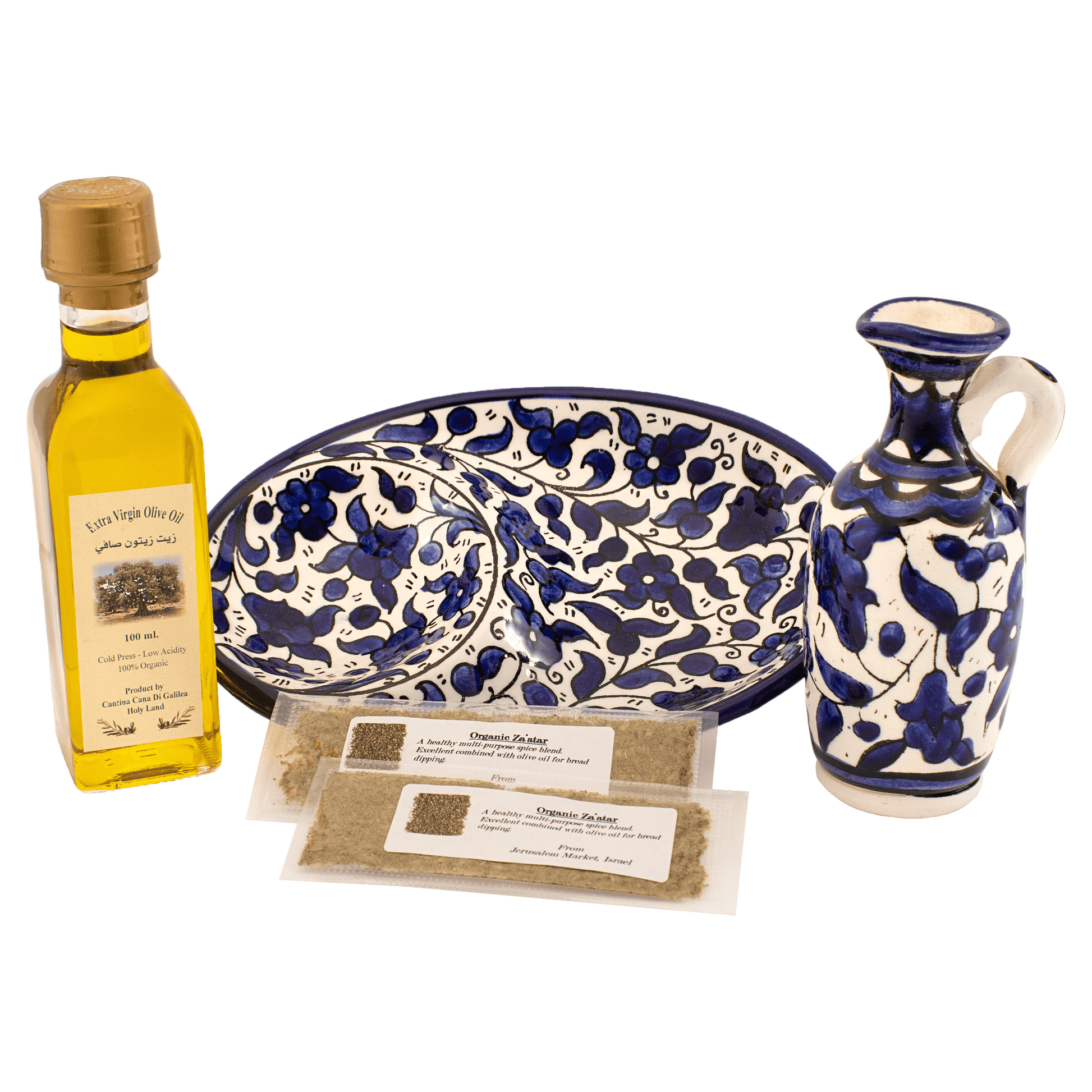 Armenian Dipping dish set with blue traditional floral designs, olive oil, and 2 sample Za'atar spice packets
