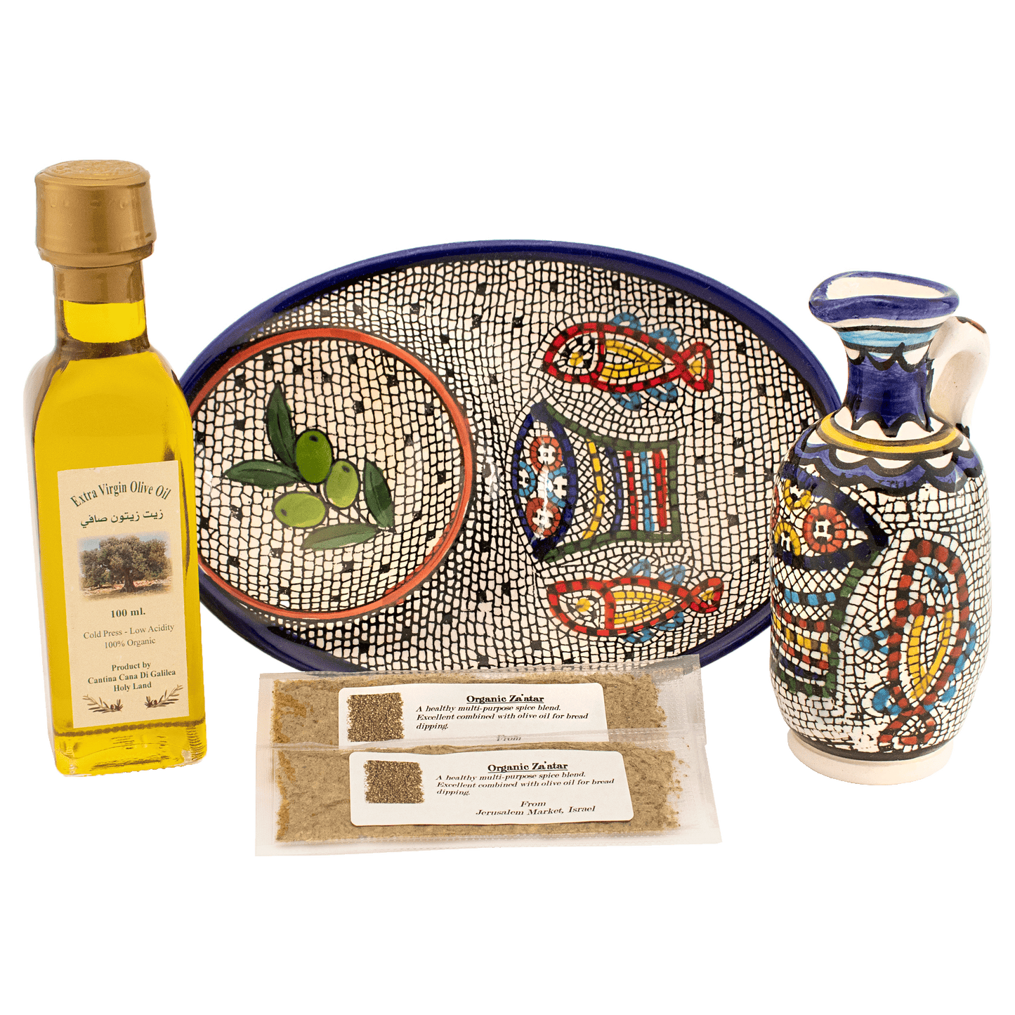 Armenian Dipping dish set with Fish and Loves and olive branch designs, olive oil, and 2 sample Za'atar spice packets