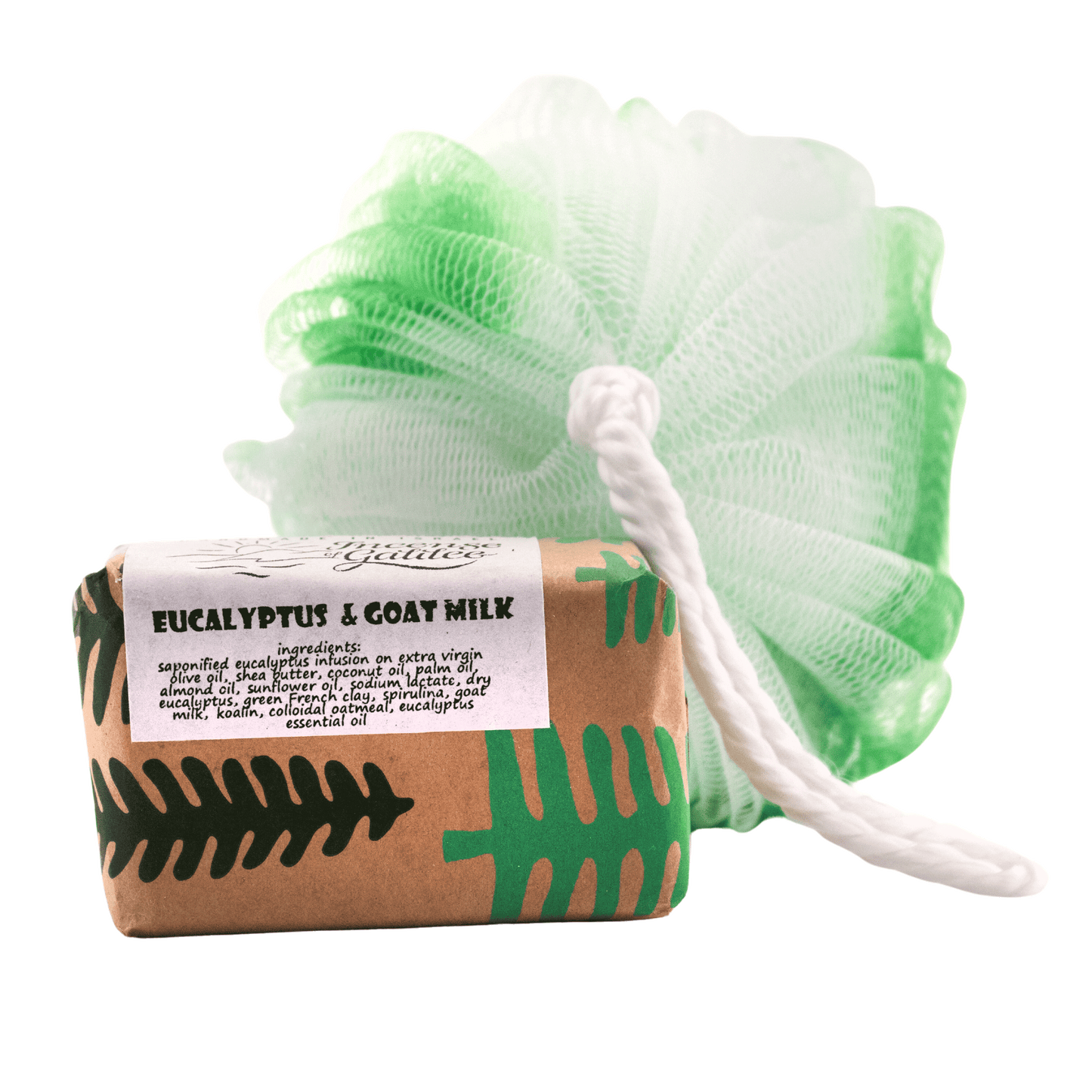 1 bar of eucalyptus and goat milk soap with a green-and-white shower puff