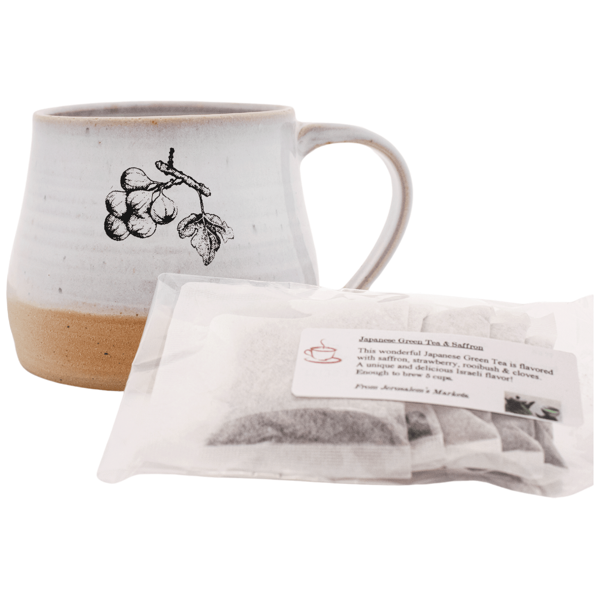 Light blue-gray ceramic mug with date design on front with 5-pack bag of japanese green tea