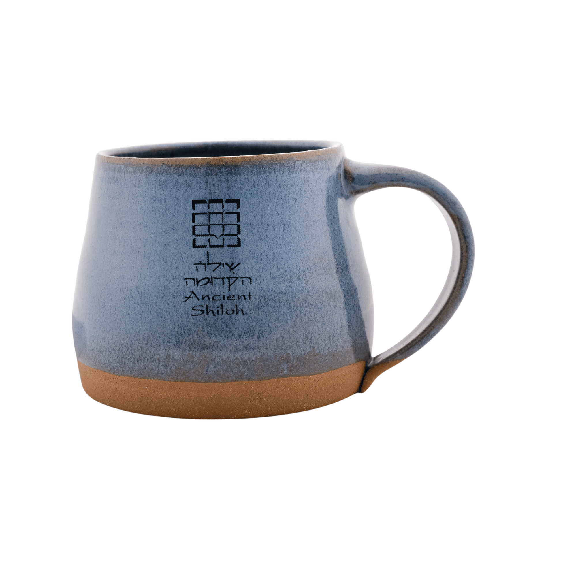 Blue ceramic mug with breastplate design on front; includes the message: "Ancient Shiloh" in Hebrew and English text