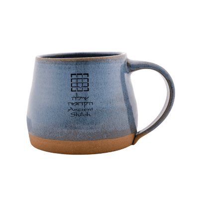 Blue ceramic mug with breastplate design on front; includes the message: "Ancient Shiloh" in Hebrew and English text