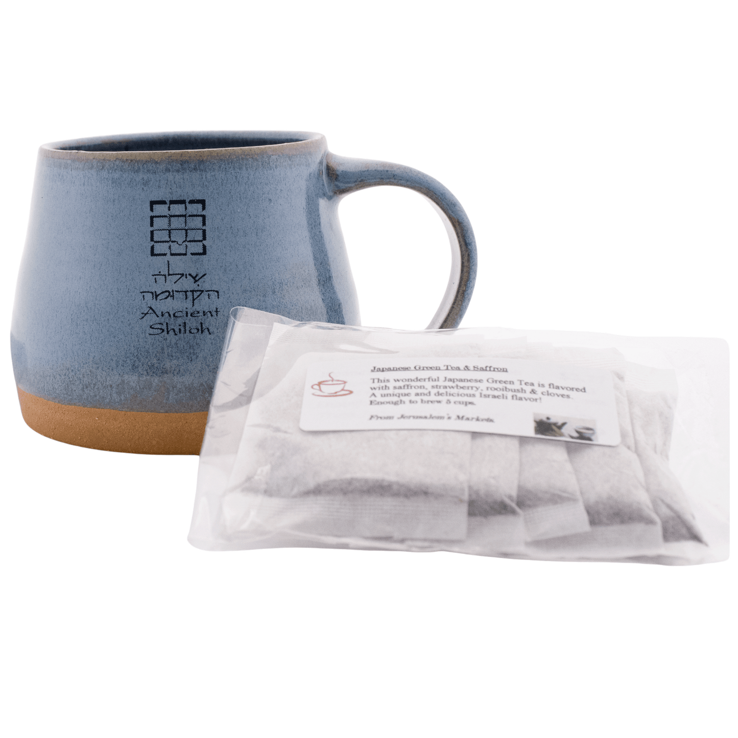 Blue ceramic mug with a 5-pack bag of Japanese green tea