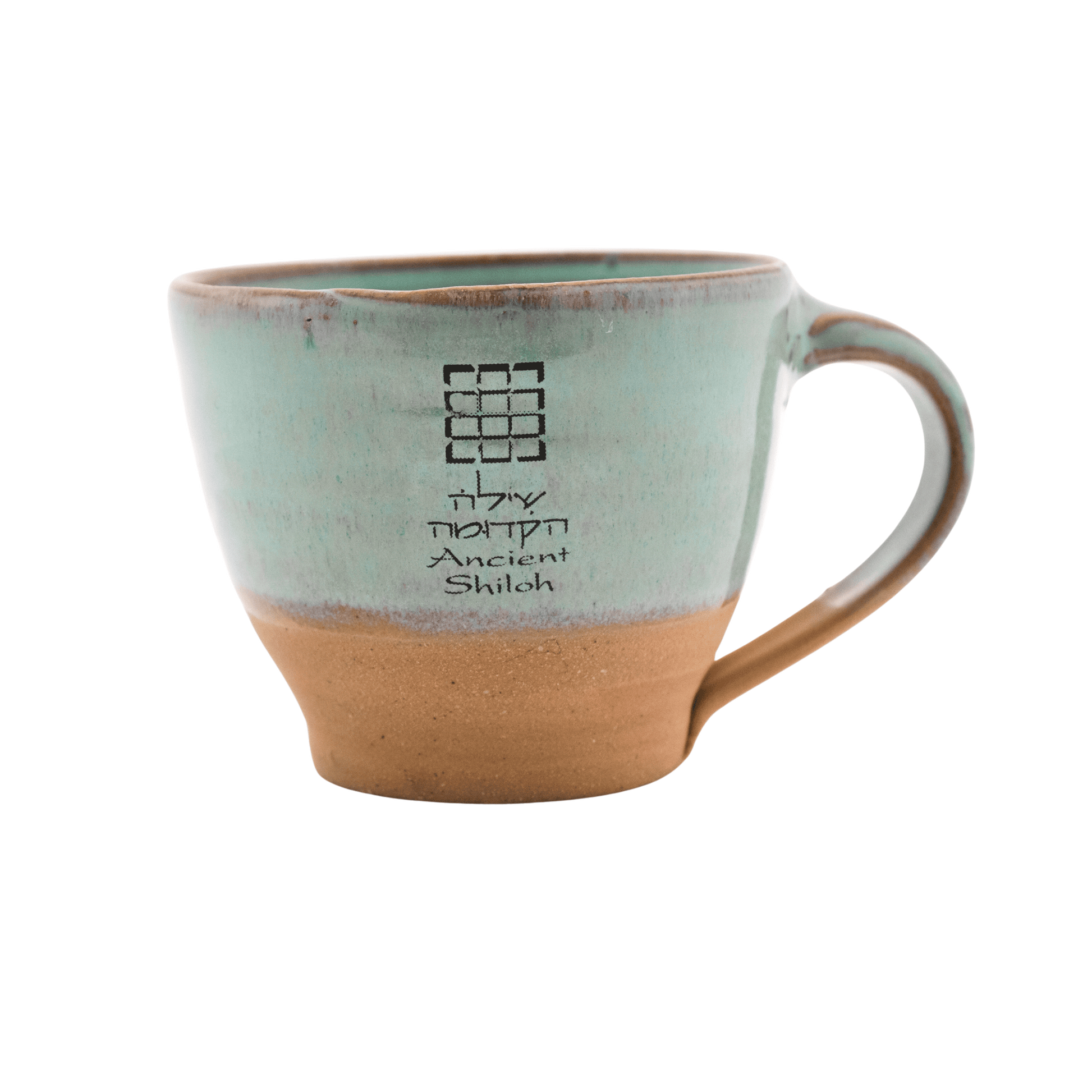 Seafoam-green ceramic mug with a breastplate design on the front; includes the message: "Ancient Shiloh" in Hebrew and English text