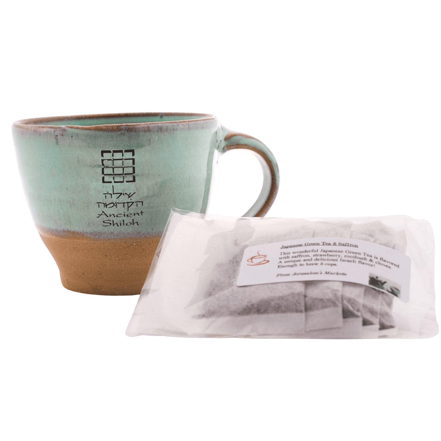 Seafoam-green ceramic mug with a 5-pack bag of Japanese green tea