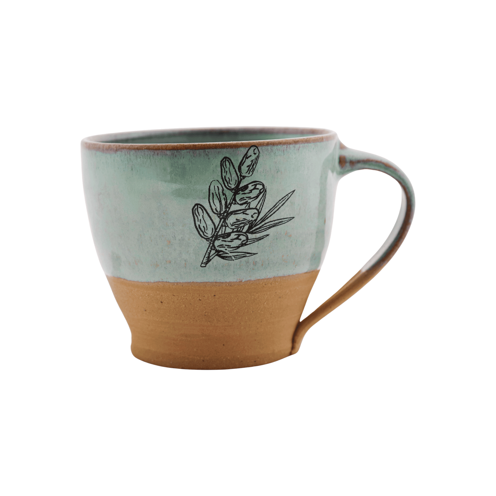 Seafoam-green ceramic mug with a date design on the front