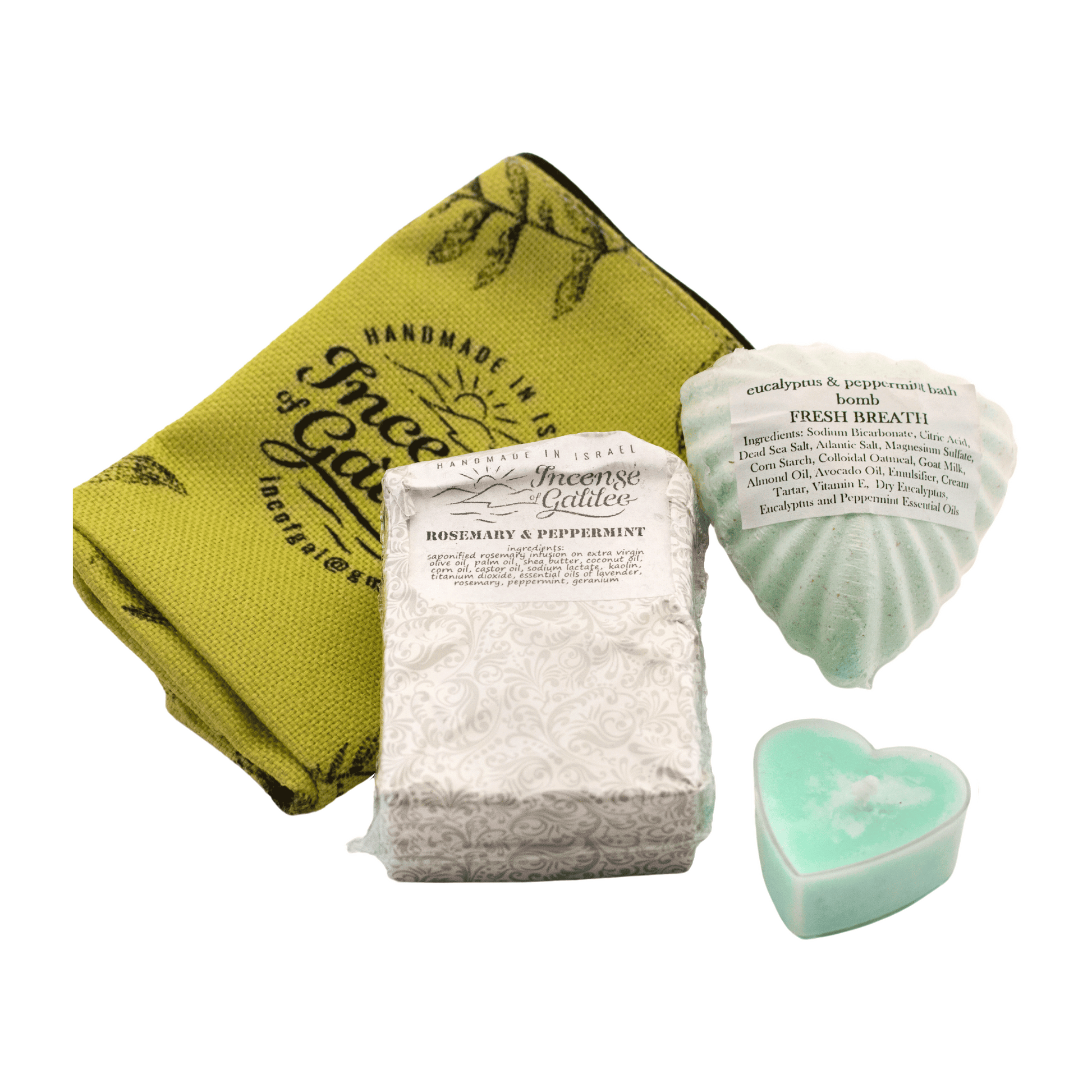 Rosemary and peppermint soap with a eucalyptus and peppermint bath bomb, a heart-shaped candle, and an olive-colored cosmetic bag