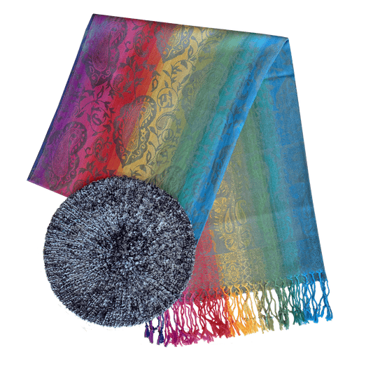 A vibrant ombre rainbow-striped scarf adorned with an elegant gray paisley vine design beret