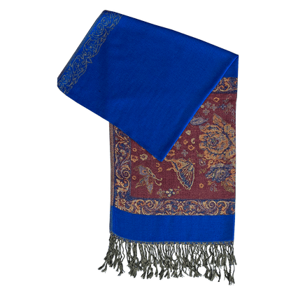 A two-tone scarf with shades of blue and burgundy, intricately woven with flowers and butterflies accented with gold