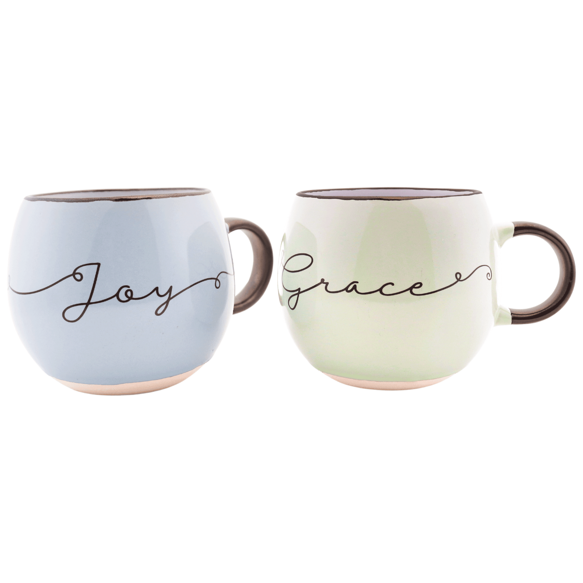 1 pastel blue mug with the word "joy" on the front, and 1 pastel green mug with the word "grace" on the front