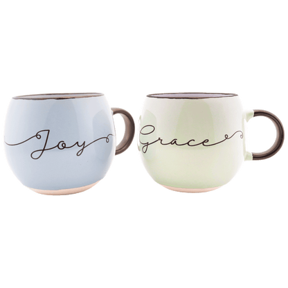 1 pastel blue mug with the word "joy" on the front, and 1 pastel green mug with the word "grace" on the front