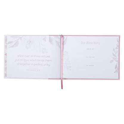 Pink Floral Mr. & Mrs. Medium Faux Leather Wedding Guest Book - 1 John 4:19