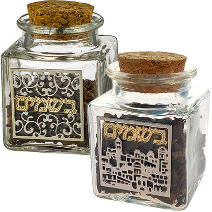 Square Glass Besamim spice holders with metal Hebrew plaques and cork stoppers