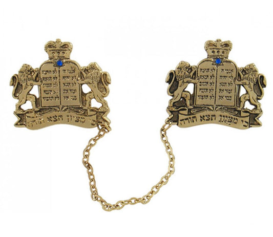 Gold Plated Prayer Shawl (Tallit) Clip - Lions and Tablets