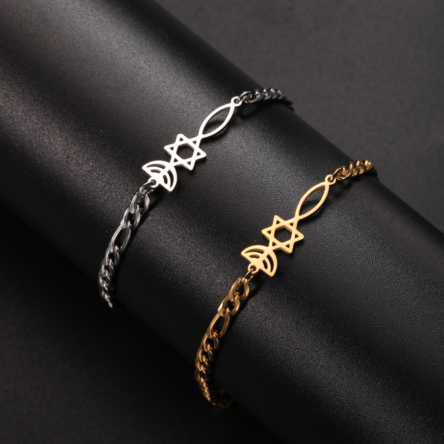 Gold and silver Grafted In bracelets with menorah, Star of David, and Christian fish centerpiece