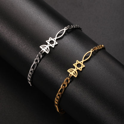 Gold and silver Grafted In bracelets with menorah, Star of David, and Christian fish centerpiece