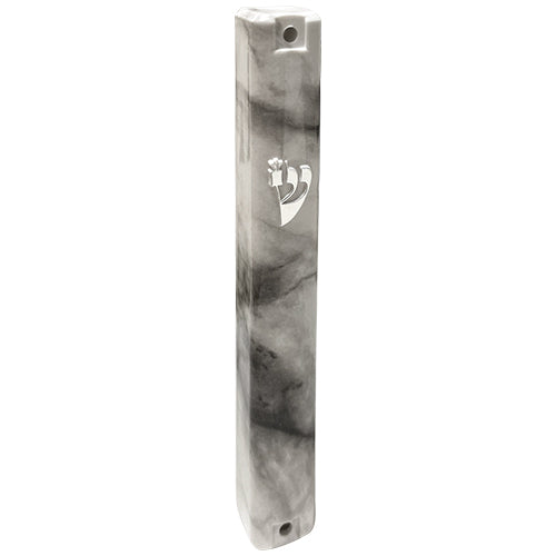 Gray Marble Plastic Mezuzah with Silver Shin