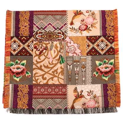 50 inch multi-pattern patchwork table runner with maroon and peach hues