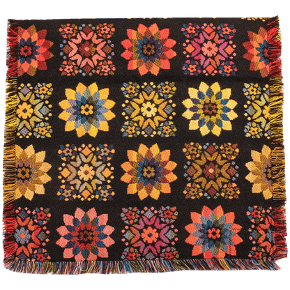 Black 50 inch table runner with vibrant floral pattern