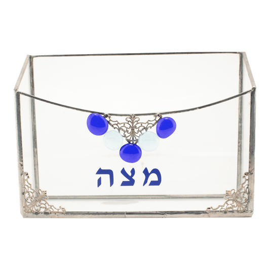 Clear stained-glass matzah holder with blue and clear glass beads