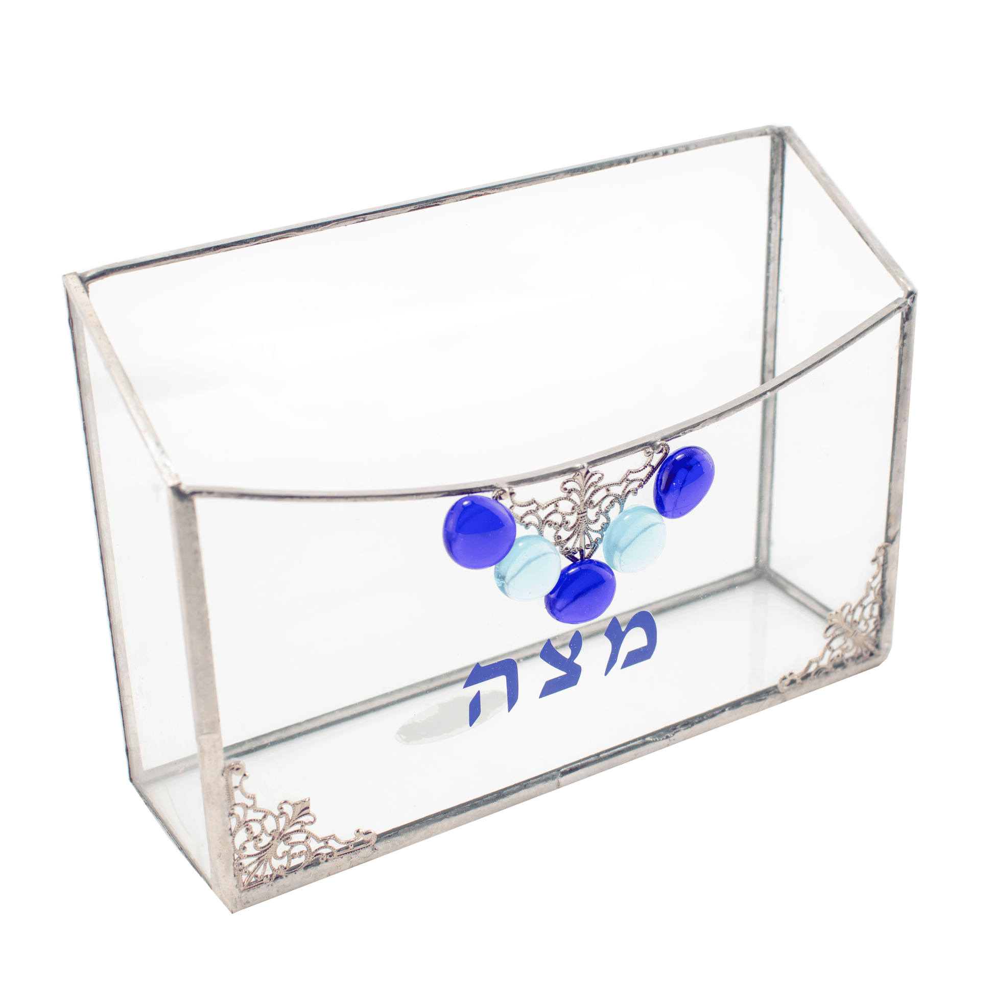 Clear stained-glass matzah holder with blue and clear glass beads