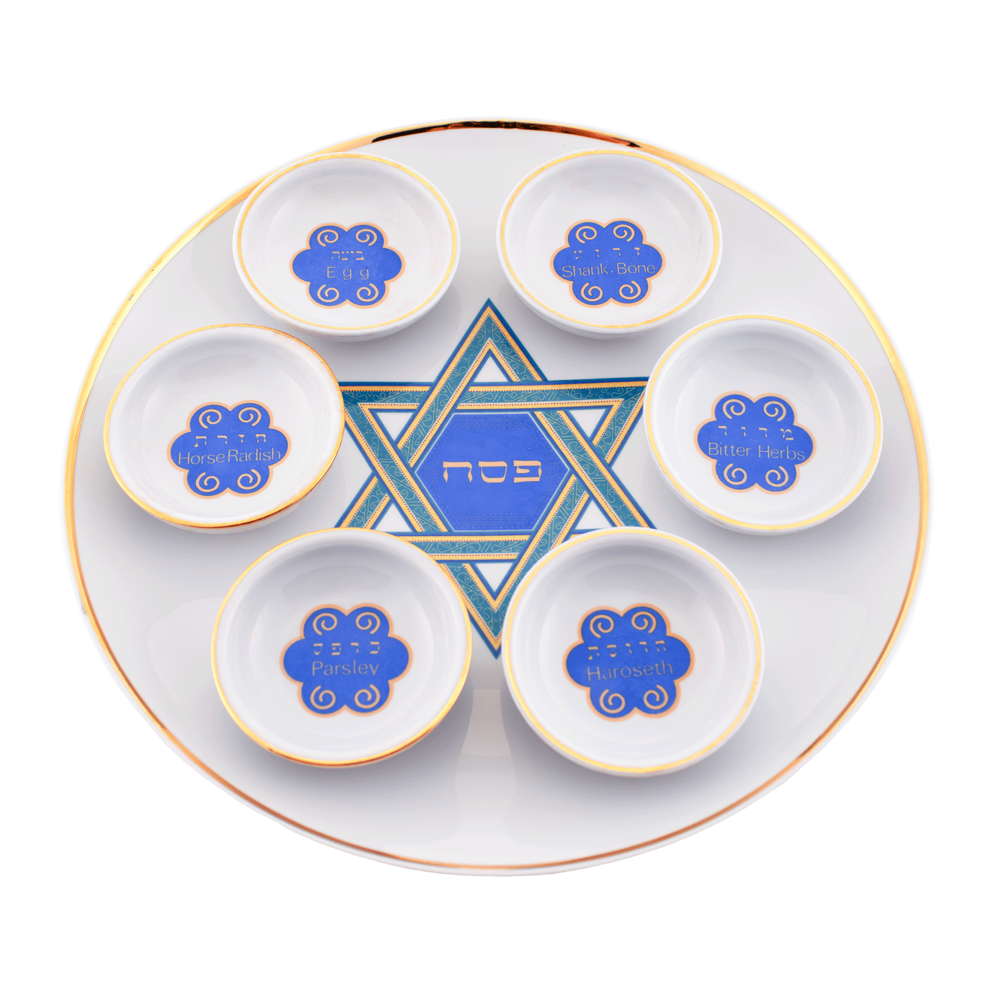 White seder plate with gold color around the border and a green and blue Star of David in the center