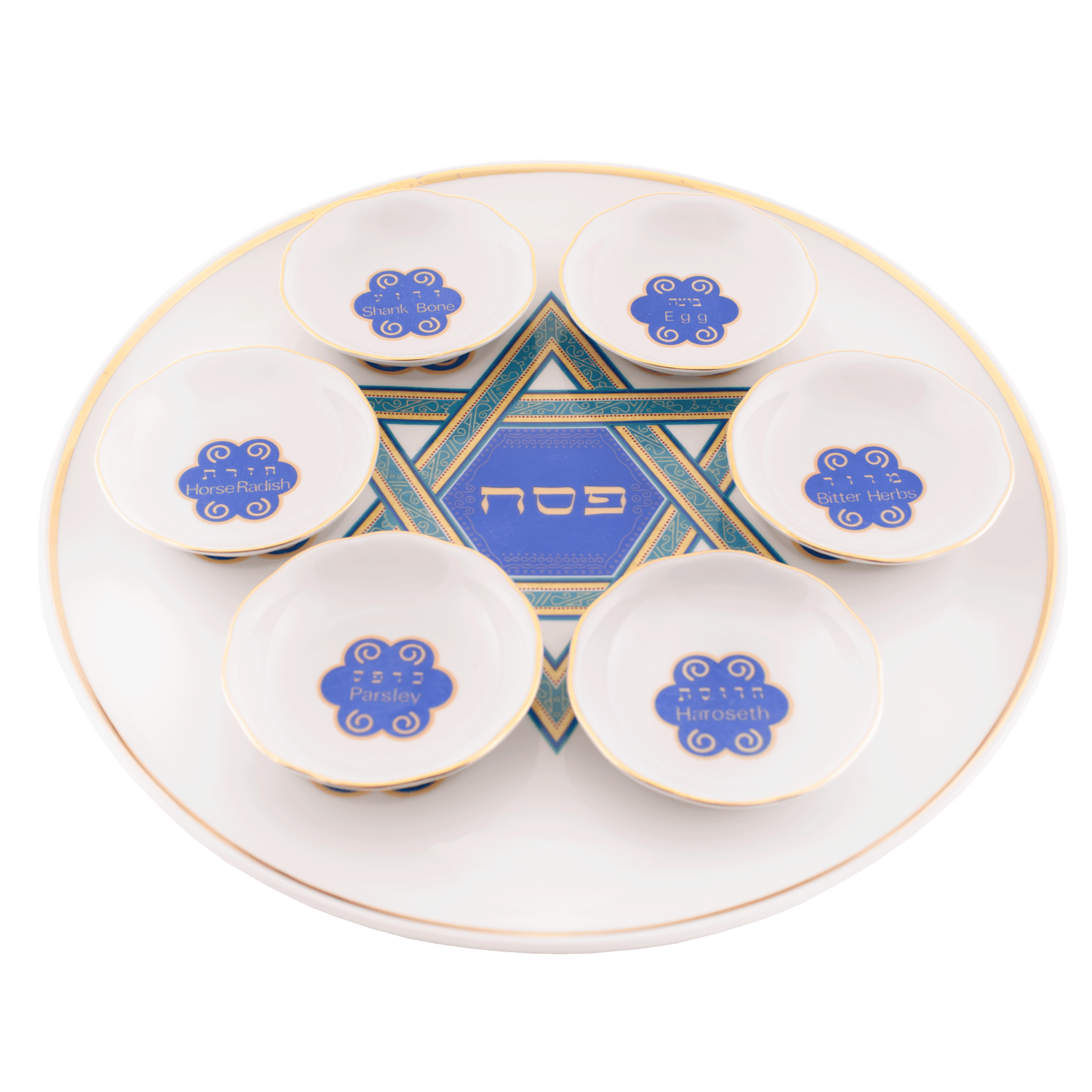 White seder plate with gold color around the border and a green and blue Star of David in the center