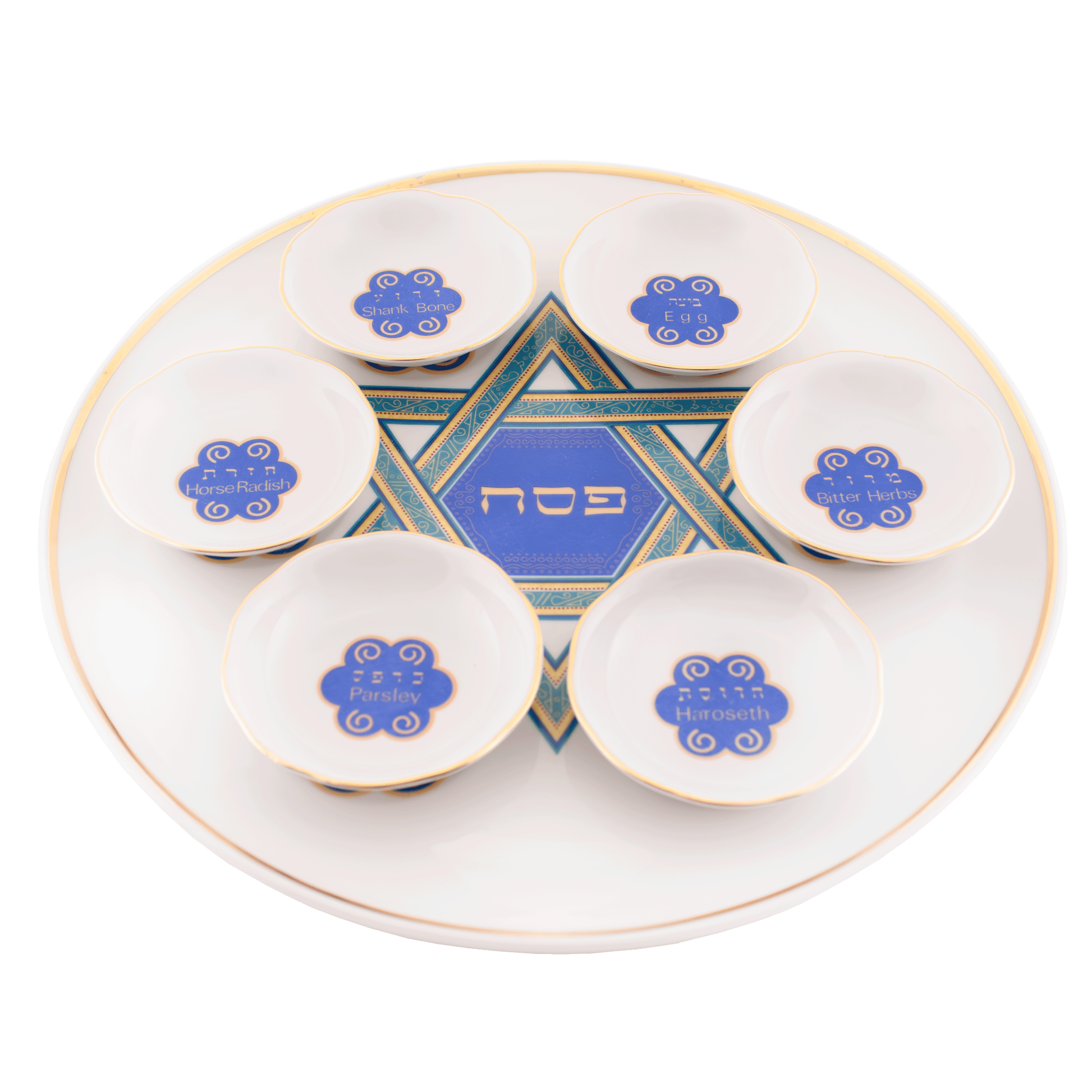 White seder plate with gold color around the border and a green and blue Star of David in the center