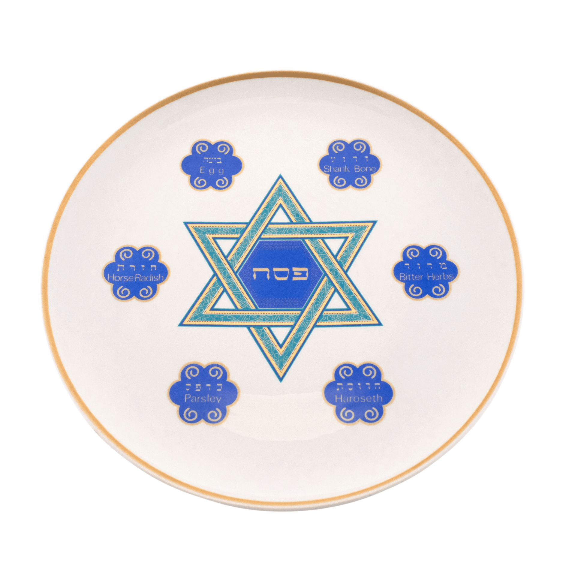 White seder plate with copper color around the border and a green and blue Star of David in the center