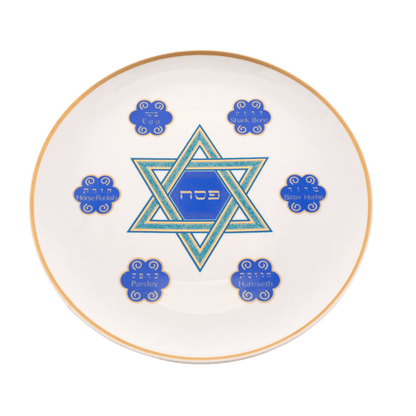 White seder plate with copper color around the border and a green and blue Star of David in the center