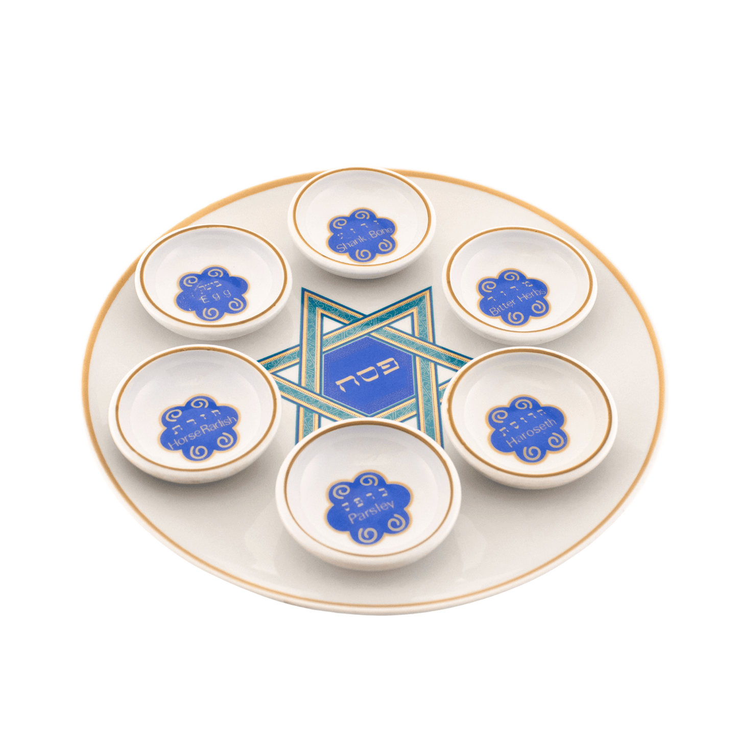 White seder plate with copper color around the border and a green and blue Star of David in the center