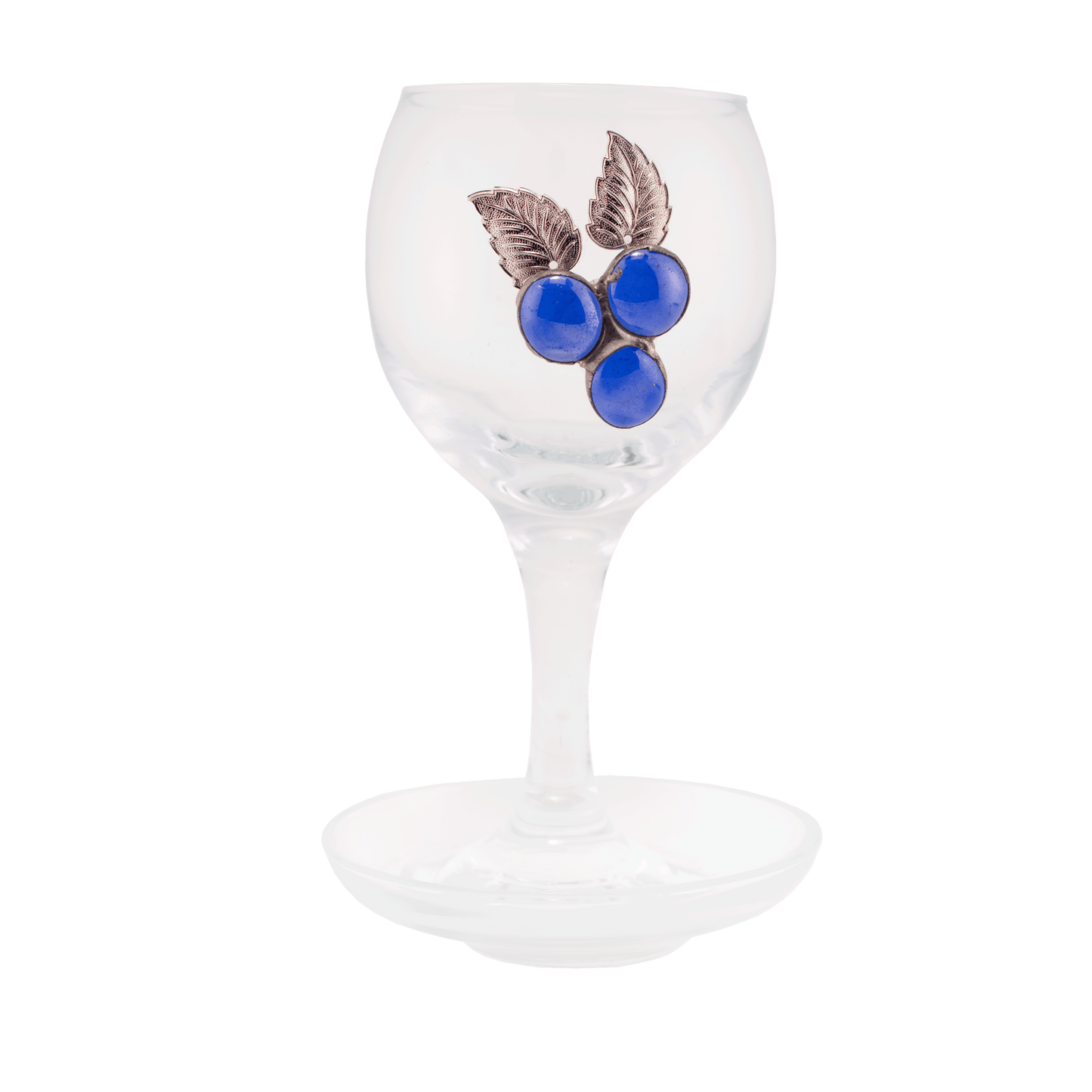 Clear glass Kiddush cup decorated with blue glass beads that resemble a cluster of grapes