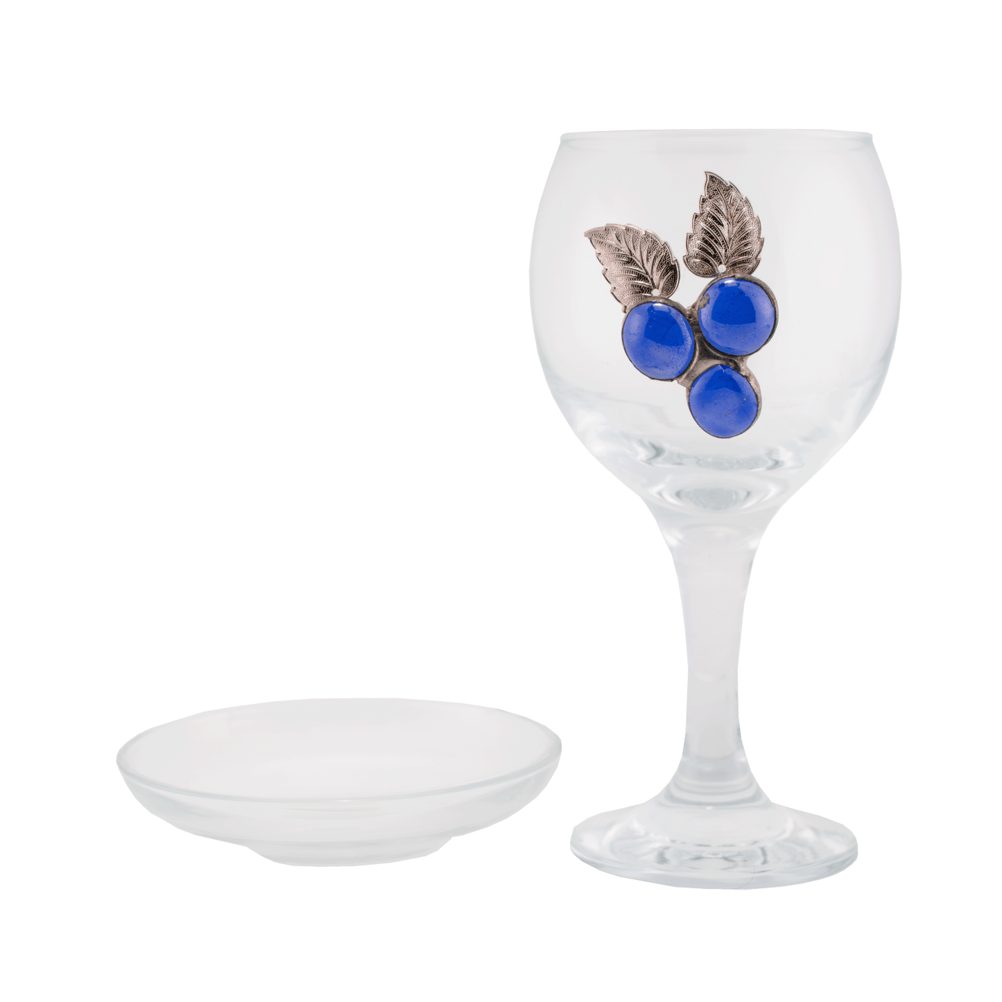 Clear glass Kiddush cup decorated with blue glass beads that resemble a cluster of grapes