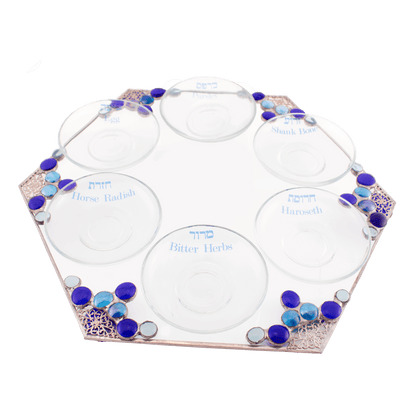 Glass Passover Plate with Blue Stones