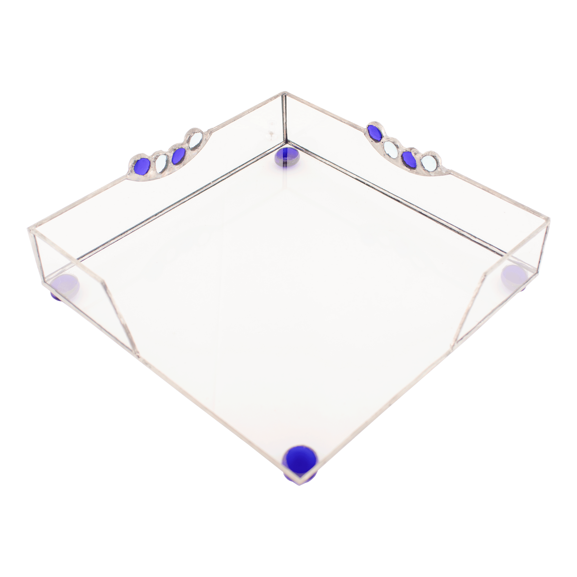 Clear stained-glass matzah tray with blue and clear decorative stones